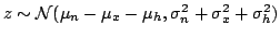 $z\sim\mathcal{N}(\mu_{n}-\mu_{x}-\mu_{h}, \sigma_{n}^{2}+\sigma_{x}^2+\sigma_{h}^2)$