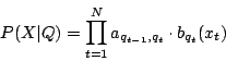 \begin{displaymath}P(X\vert Q) = \prod_{t=1}^N a_{q_{t-1},{q_t}}\cdot b_{q_t}(x_t) \end{displaymath}